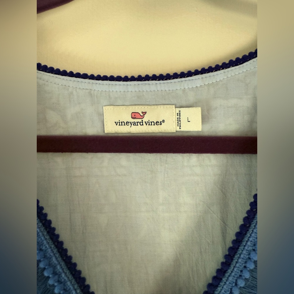 Vineyard Vines Cay Scarf Print Short Sleeve Fringe Dress Blue White Large - Picture 5 of 9